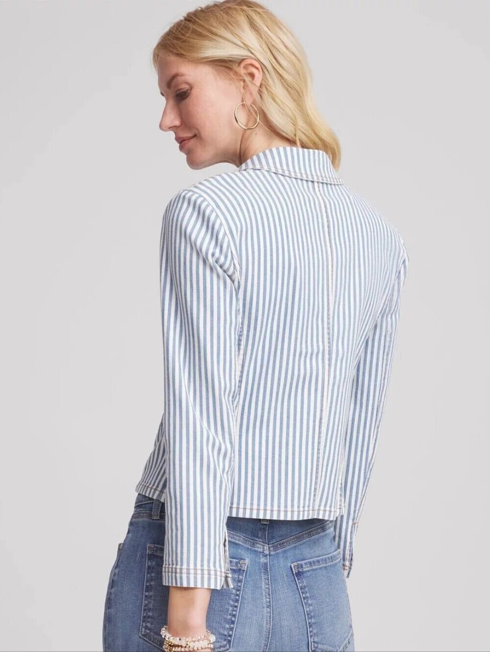 Chico's NWT Mercado Stripe Denim Blazer Nautical Blue White 3/16 - Picture 2 of 7